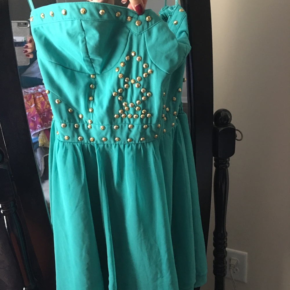 Strapless teal dress
